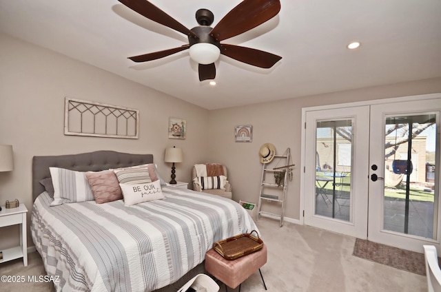 carpeted bedroom with french doors, lofted ceiling, recessed lighting, access to outside, and baseboards