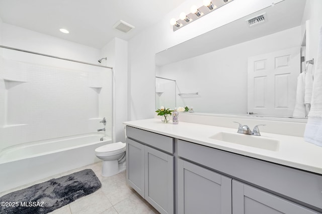 full bath with toilet, tile patterned floors, visible vents, and vanity