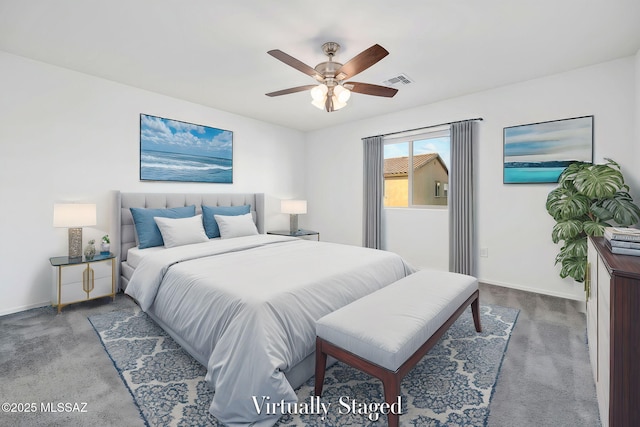 bedroom featuring baseboards, visible vents, and carpet flooring