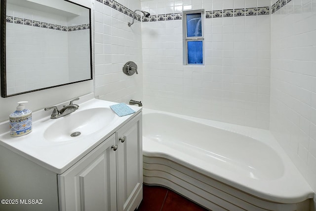 full bathroom with tile patterned flooring, shower / washtub combination, and vanity