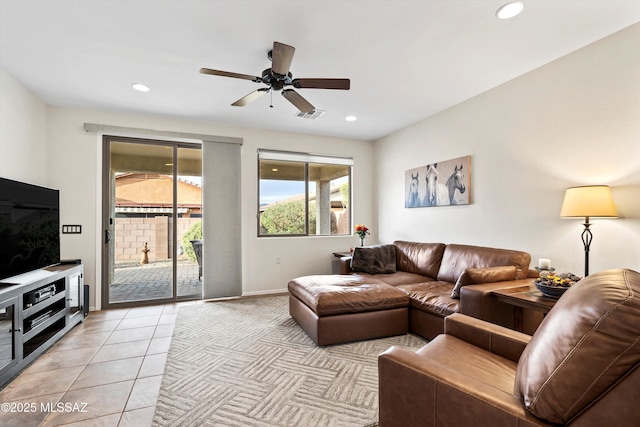 living room featuring light tile patterned floors, ceiling fan, recessed lighting, visible vents, and baseboards