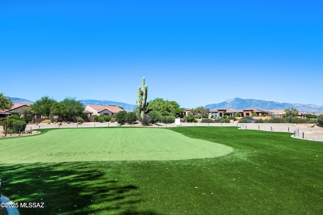 view of community with a lawn and a mountain view