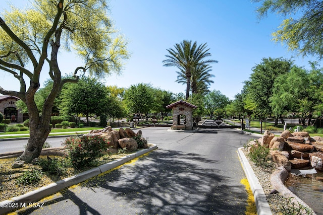 view of street with curbs, a gated entry, and a gate