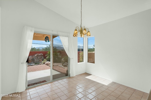 unfurnished dining area with lofted ceiling, light tile patterned floors, and a chandelier