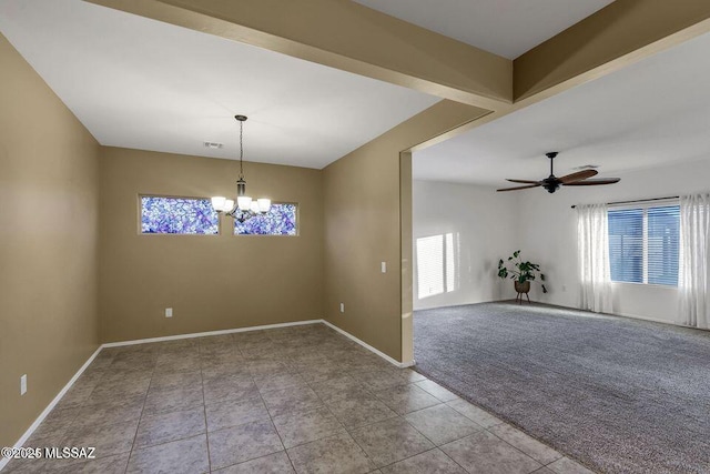 60579 E Flank Strap Dr, Tucson, AZ 85739 - tiled spare room featuring carpet, visible vents, baseboards, and ceiling fan with notable chandelier
