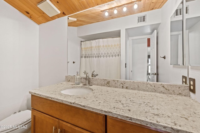 full bathroom with vanity, toilet, wood ceiling, and visible vents