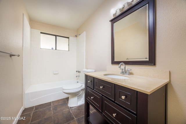 bathroom with toilet, shower / bathtub combination, baseboards, and vanity