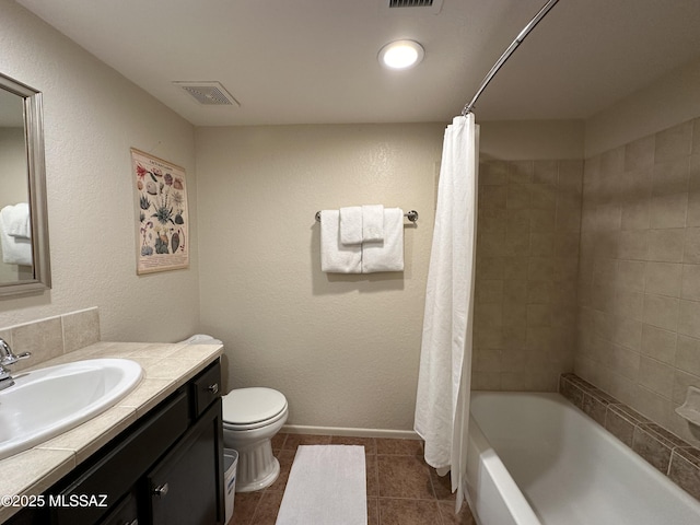 full bath featuring toilet, shower / bath combo, visible vents, and vanity