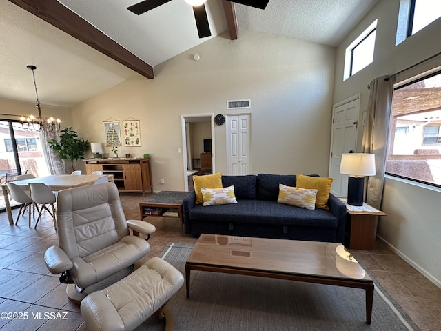 tiled living room with a textured ceiling, high vaulted ceiling, visible vents, baseboards, and beamed ceiling