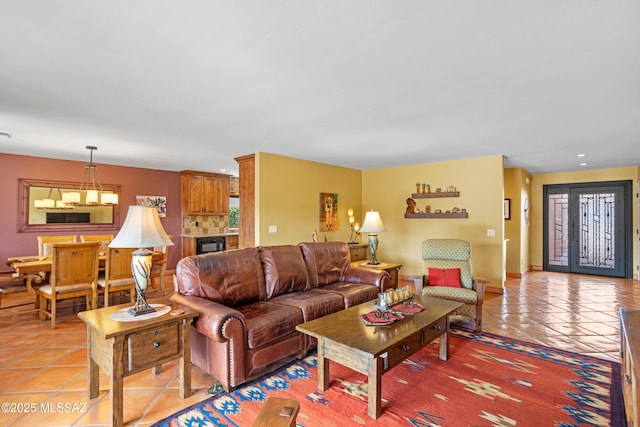 living room with wine cooler, tile patterned flooring, and recessed lighting