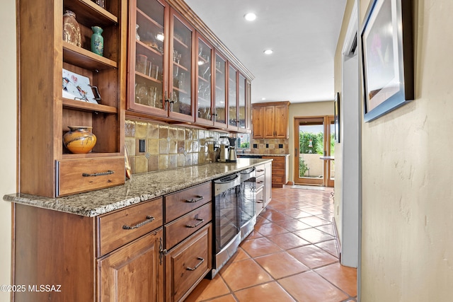 kitchen with light tile patterned floors, beverage cooler, decorative backsplash, light stone countertops, and open shelves