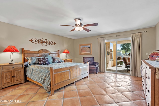 bedroom with a ceiling fan, access to outside, and light tile patterned floors