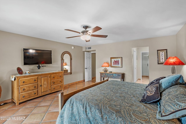 bedroom featuring light tile patterned floors, ceiling fan, visible vents, and baseboards