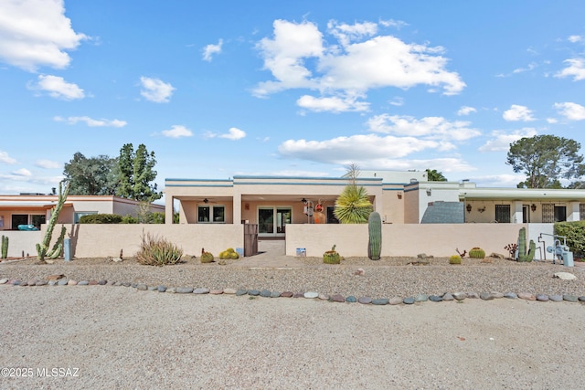 view of front of property featuring a fenced front yard, ceiling fan, and stucco siding