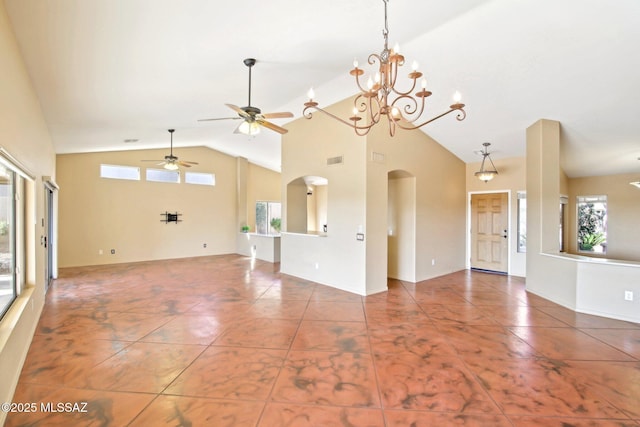 unfurnished living room with tile patterned flooring, visible vents, arched walkways, high vaulted ceiling, and a ceiling fan