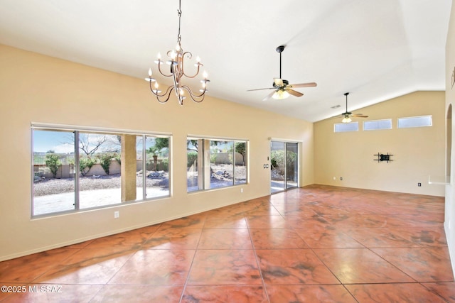 tiled spare room with a chandelier, plenty of natural light, and lofted ceiling