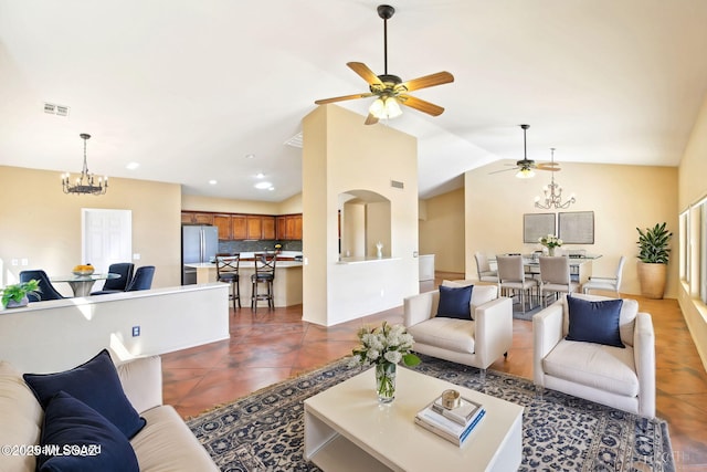 living room featuring visible vents, dark tile patterned flooring, ceiling fan with notable chandelier, recessed lighting, and vaulted ceiling