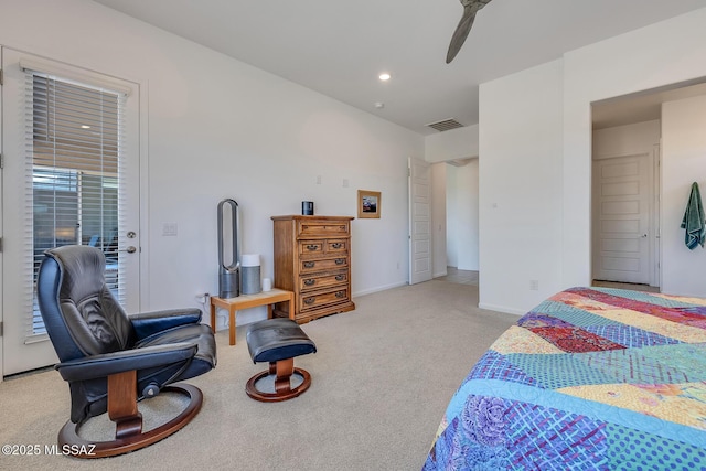 carpeted bedroom featuring a ceiling fan, visible vents, recessed lighting, and baseboards