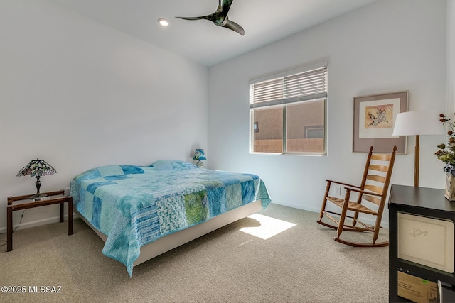 carpeted bedroom with recessed lighting, baseboards, and ceiling fan