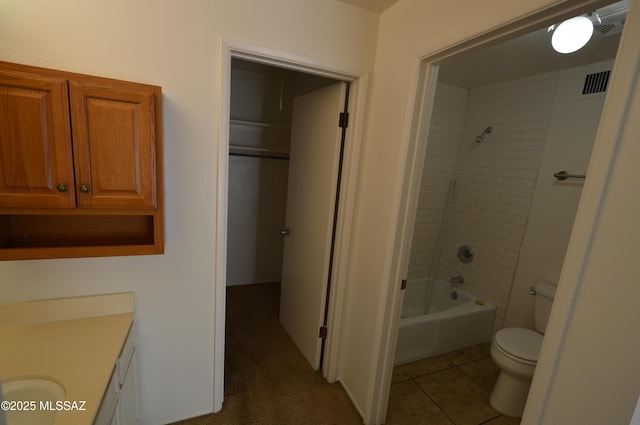 full bath with tile patterned flooring, toilet, vanity, visible vents, and  shower combination