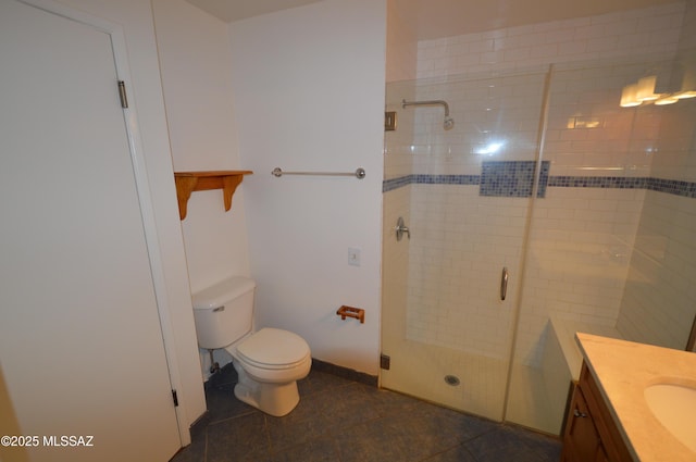 full bathroom with toilet, a shower stall, and vanity