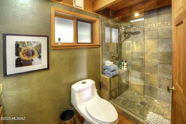 11085 E Grosbeak Ln, Mount Lemmon, AZ 85619 - full bath with a textured wall, a tile shower, beamed ceiling, and toilet