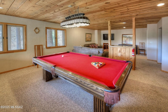 11085 E Grosbeak Ln, Mount Lemmon, AZ 85619 - rec room with wood ceiling, carpet floors, pool table, recessed lighting, and baseboards