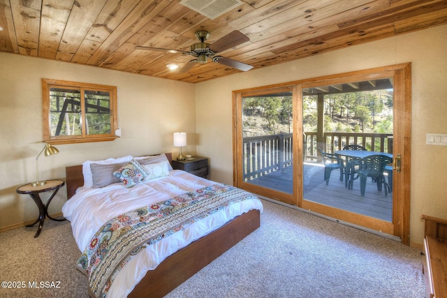 11085 E Grosbeak Ln, Mount Lemmon, AZ 85619 - carpeted bedroom featuring access to outside, wood ceiling, baseboards, and a ceiling fan