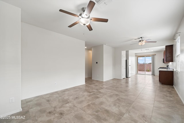 unfurnished living room featuring visible vents and a ceiling fan