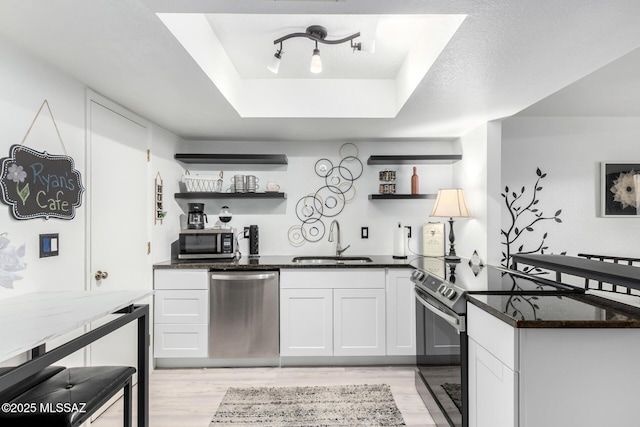 kitchen with open shelves, a tray ceiling, appliances with stainless steel finishes, and a sink