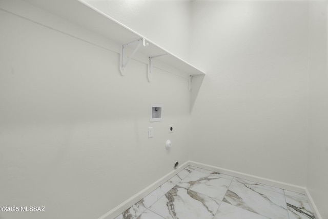 laundry area featuring marble finish floor, hookup for a washing machine, hookup for an electric dryer, laundry area, and baseboards