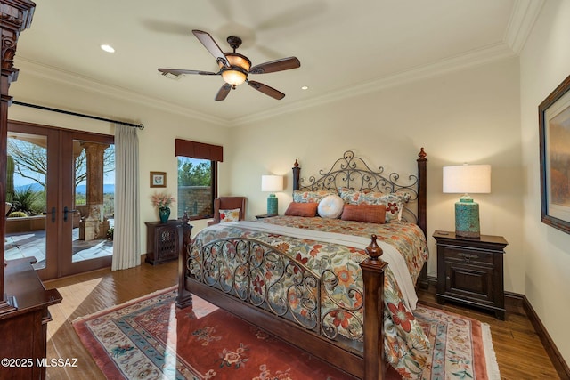 bedroom featuring ornamental molding, access to outside, baseboards, and wood finished floors