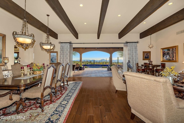 dining space with recessed lighting, dark wood-style flooring, visible vents, and beamed ceiling