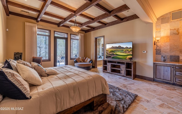 bedroom with baseboards, visible vents, coffered ceiling, stone tile flooring, and beamed ceiling