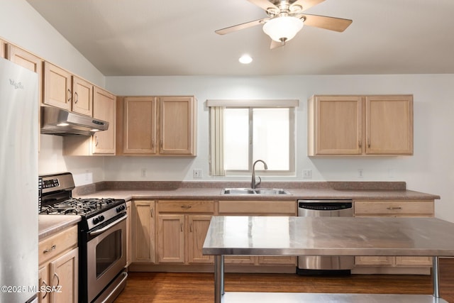 kitchen featuring ceiling fan, appliances with stainless steel finishes, light brown cabinetry, under cabinet range hood, and a sink