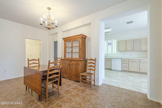 dining room with baseboards, visible vents, a notable chandelier, and light tile patterned flooring