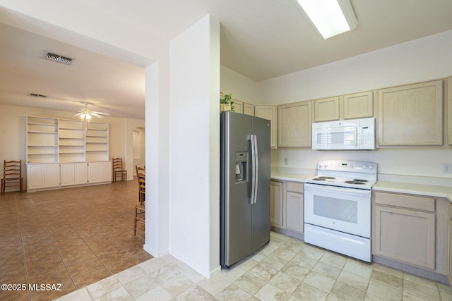 kitchen with ceiling fan, built in shelves, white appliances, visible vents, and light countertops