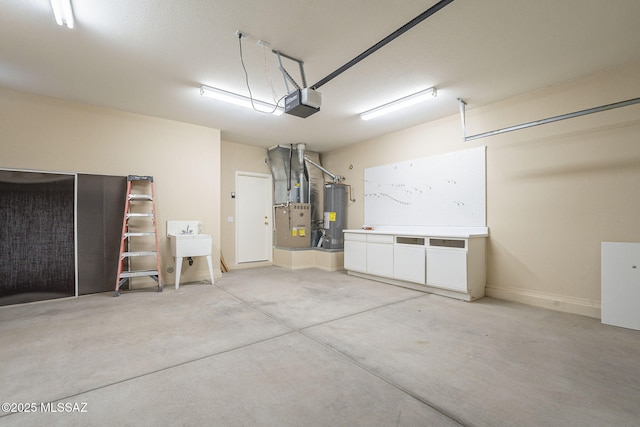 garage featuring heating unit, a sink, baseboards, water heater, and a garage door opener