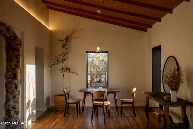 dining space featuring wood ceiling, high vaulted ceiling, wood-type flooring, and beam ceiling