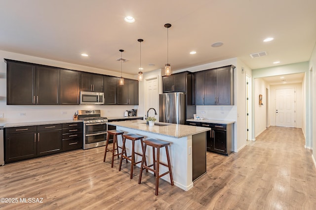 kitchen featuring light wood finished floors, visible vents, appliances with stainless steel finishes, a kitchen breakfast bar, and a sink