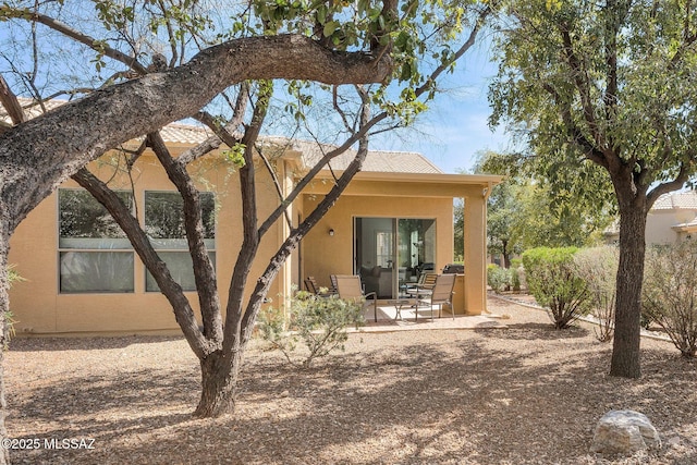 back of property with stucco siding and a patio area