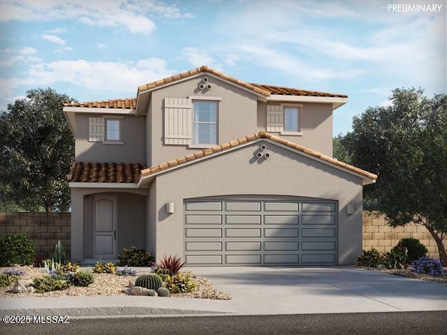 mediterranean / spanish house with stucco siding, fence, and a tiled roof