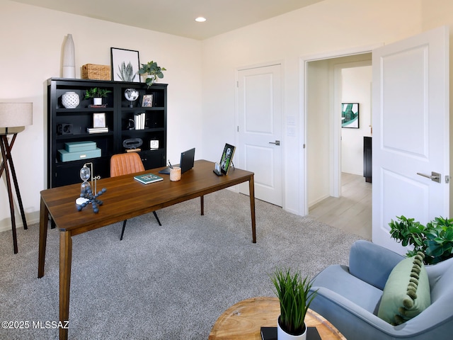 office area featuring recessed lighting and light colored carpet