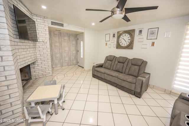 2724 N Green Pl, Nogales, AZ 85621 - living area featuring a fireplace, recessed lighting, visible vents, a ceiling fan, and tile patterned flooring