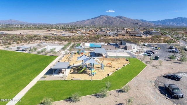 birds eye view of property with a mountain view