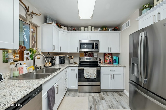 kitchen featuring stainless steel appliances, a sink, visible vents, white cabinets, and light wood finished floors