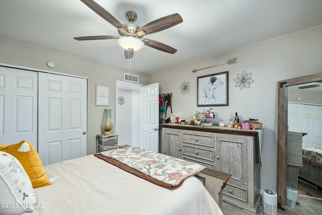 bedroom featuring a ceiling fan, a closet, and visible vents