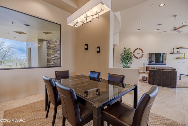 tiled dining space featuring recessed lighting, visible vents, and ceiling fan