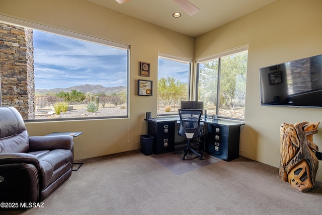 carpeted home office featuring recessed lighting and a ceiling fan