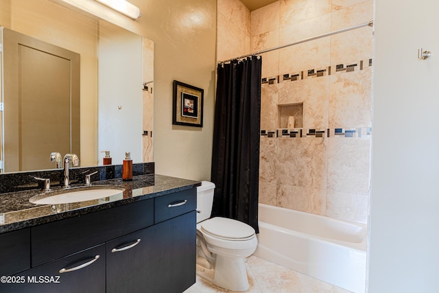 full bath with tile patterned flooring, shower / bath combination with curtain, toilet, and vanity